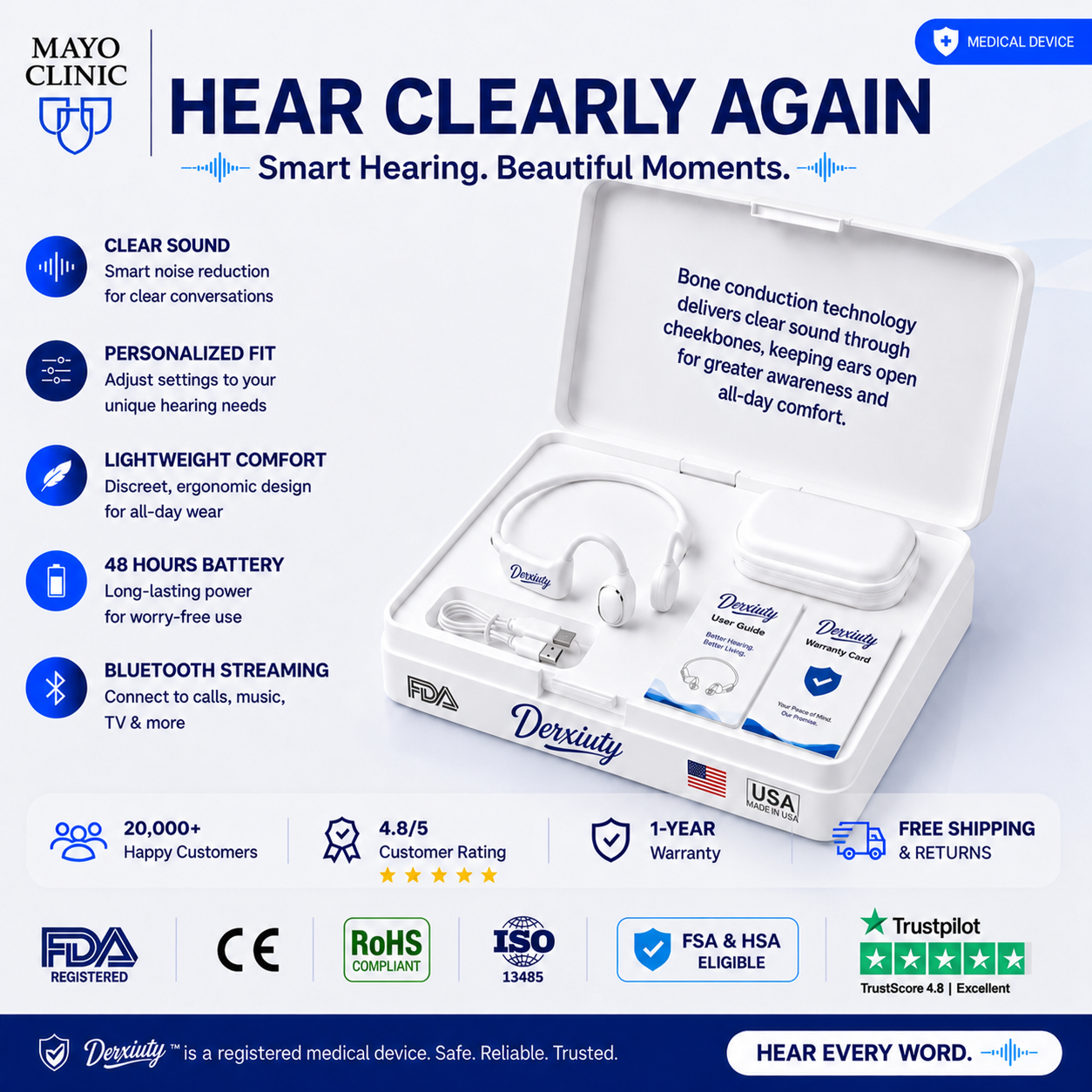 🔥 Final 2 Hours : Only Limited Stock Left🏆Derxiuty Bone Conduction Smart Hearing Headphones （Mayo Clinic Recommended）